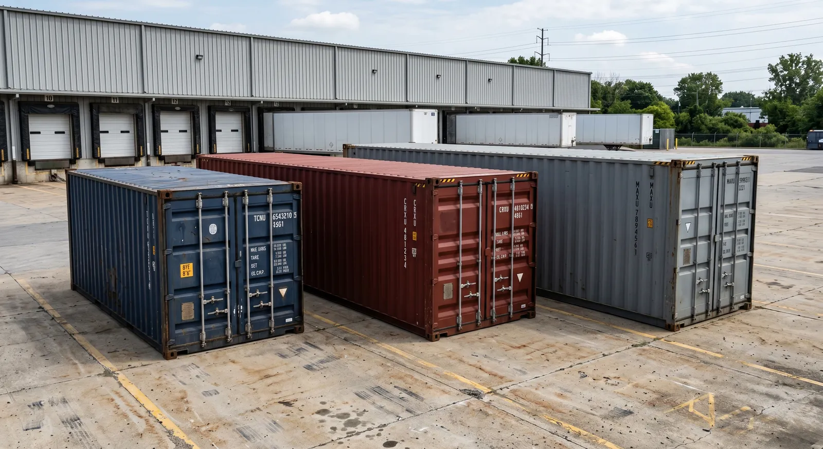 Used shipping containers of different sizes side by side in a commercial yard