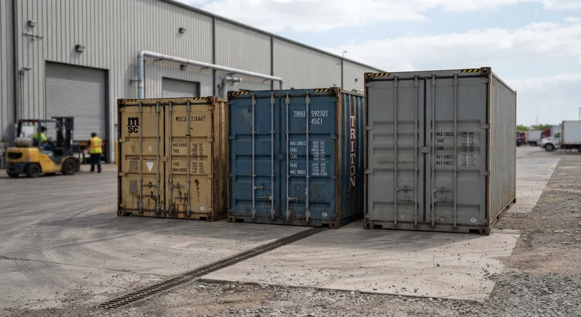 A 20ft, a 40ft and a 40ft high cube shipping container parked side by side in a depot yard with their cargo doors facing the camera, so the three sizes can be compared in one frame. All three show faded paint and surface rust from working service.