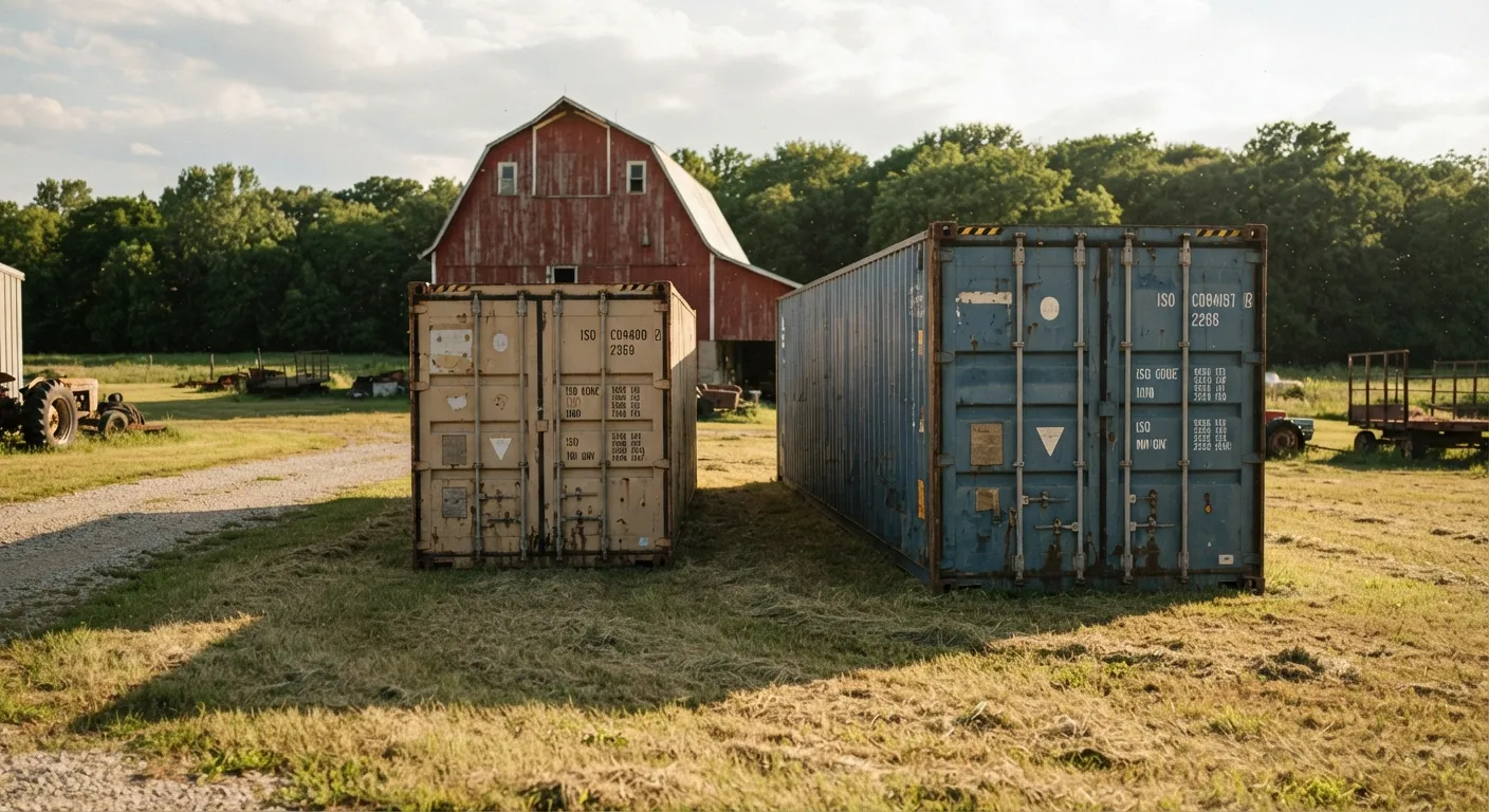 A shorter 20ft used shipping container and a longer 40ft container sitting side by side on grass in front of a red barn
