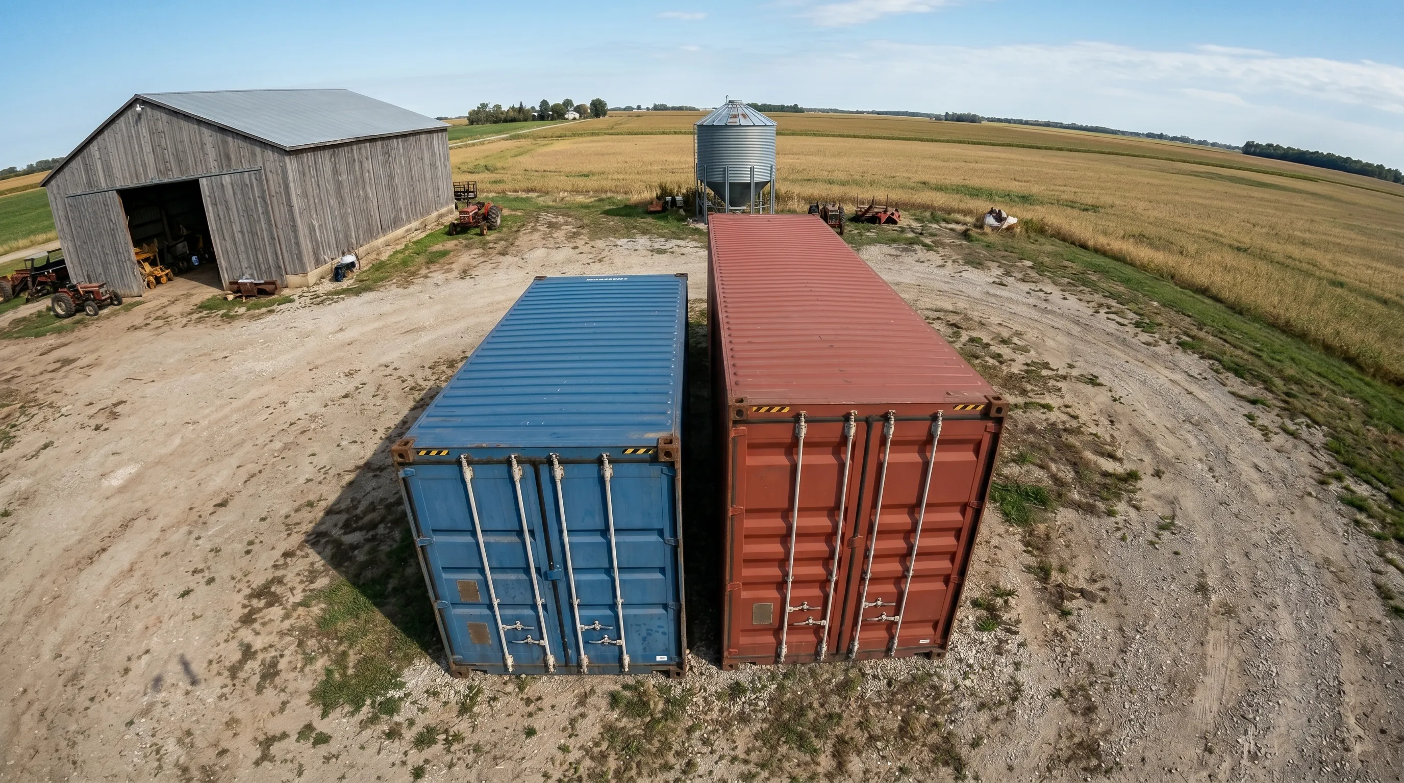 Two used shipping containers of different lengths parked side by side on a farm property
