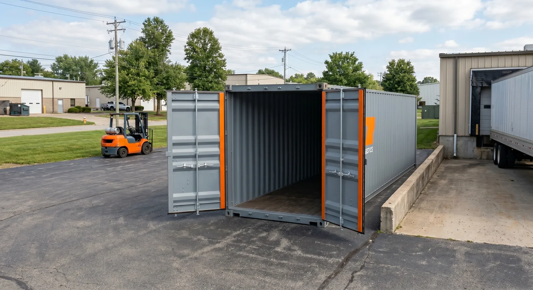 40ft commercial storage container with open doors in a business loading area in Ohio
