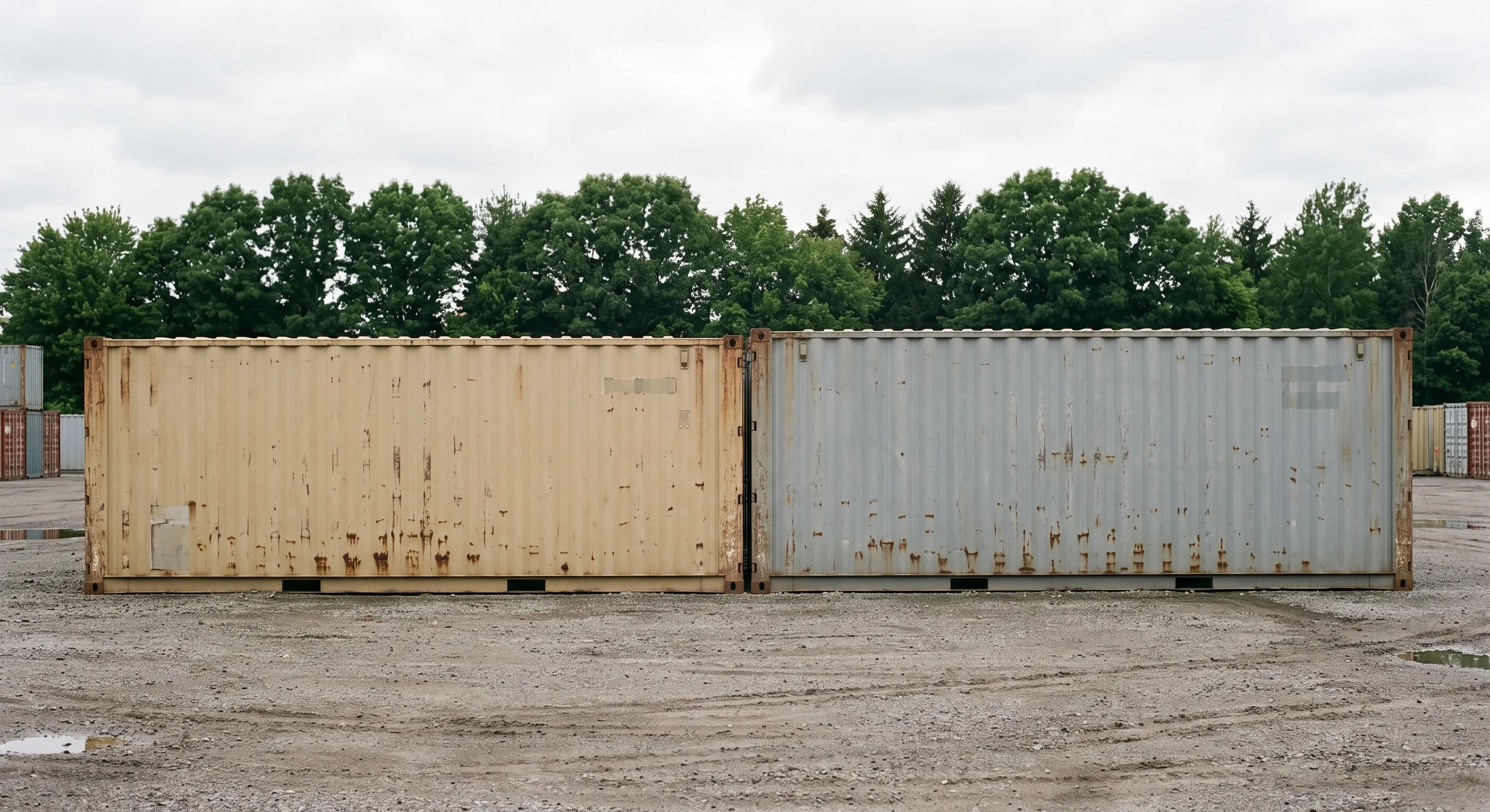 Two used 40ft shipping containers, one faded tan and one weathered gray, sitting side by side in a gravel container yard photographed from a distance