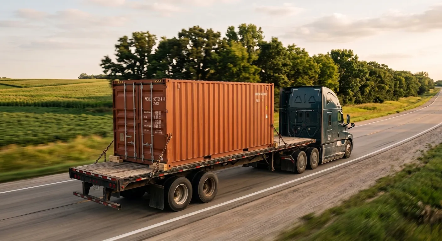 A weathered used shipping container chained and blocked on a flatbed truck out on the highway, the heavy rig and tie-downs it takes to move a steel box