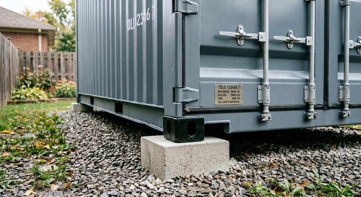 A close view of the corner casting of a grey shipping container resting on a concrete block bedded into a gravel pad, in a fenced residential back yard.