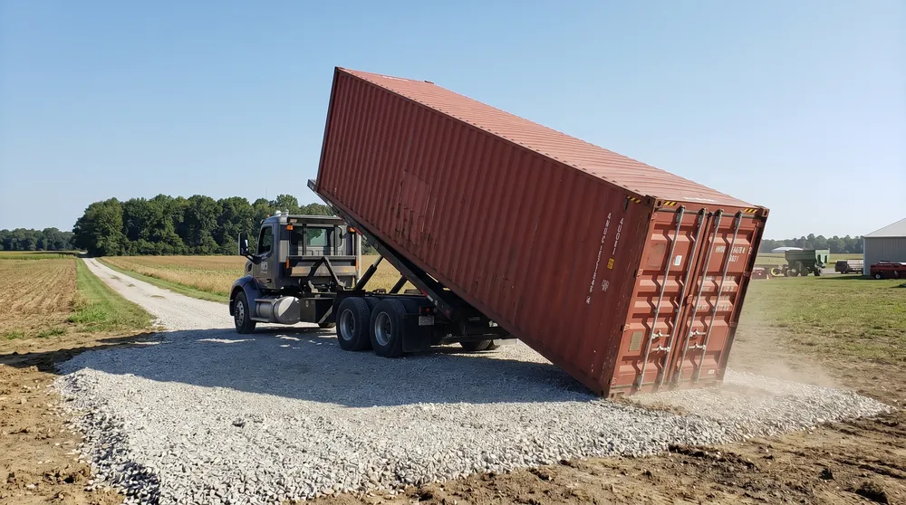 Delivery truck placing a shipping container on a gravel pad on a farm access lane