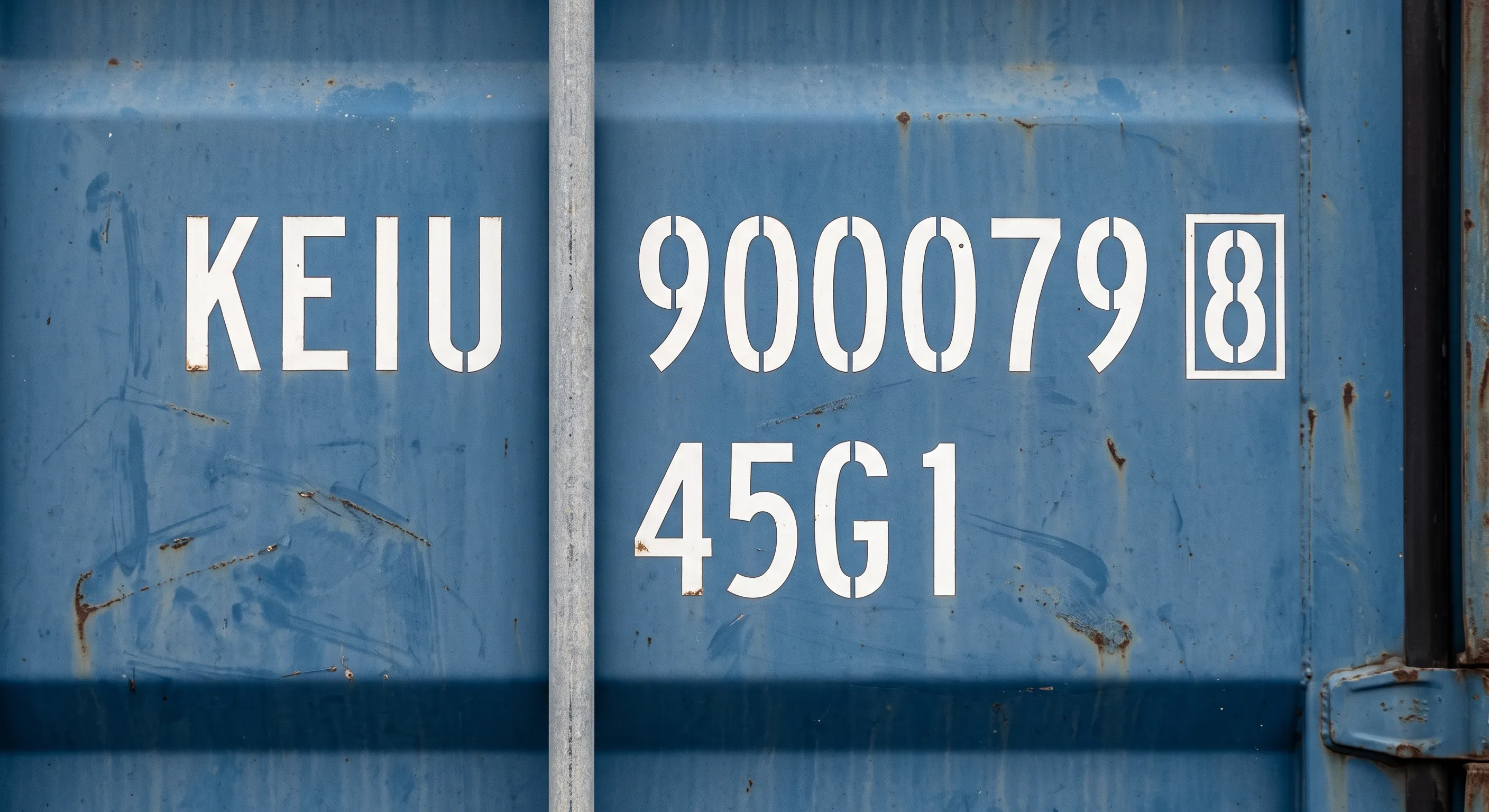 Close-up of white ISO 6346 door markings on a faded blue used container: the ID KEIU 900079 with the check digit 8 in a stenciled box, and the size/type code 45G1 below