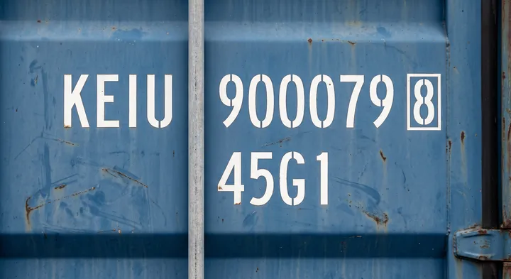 Close-up of the identification stencilled on a container's door end: a four letter owner code, a six digit serial number, a boxed check digit beside it, and the four character size and type code painted underneath.