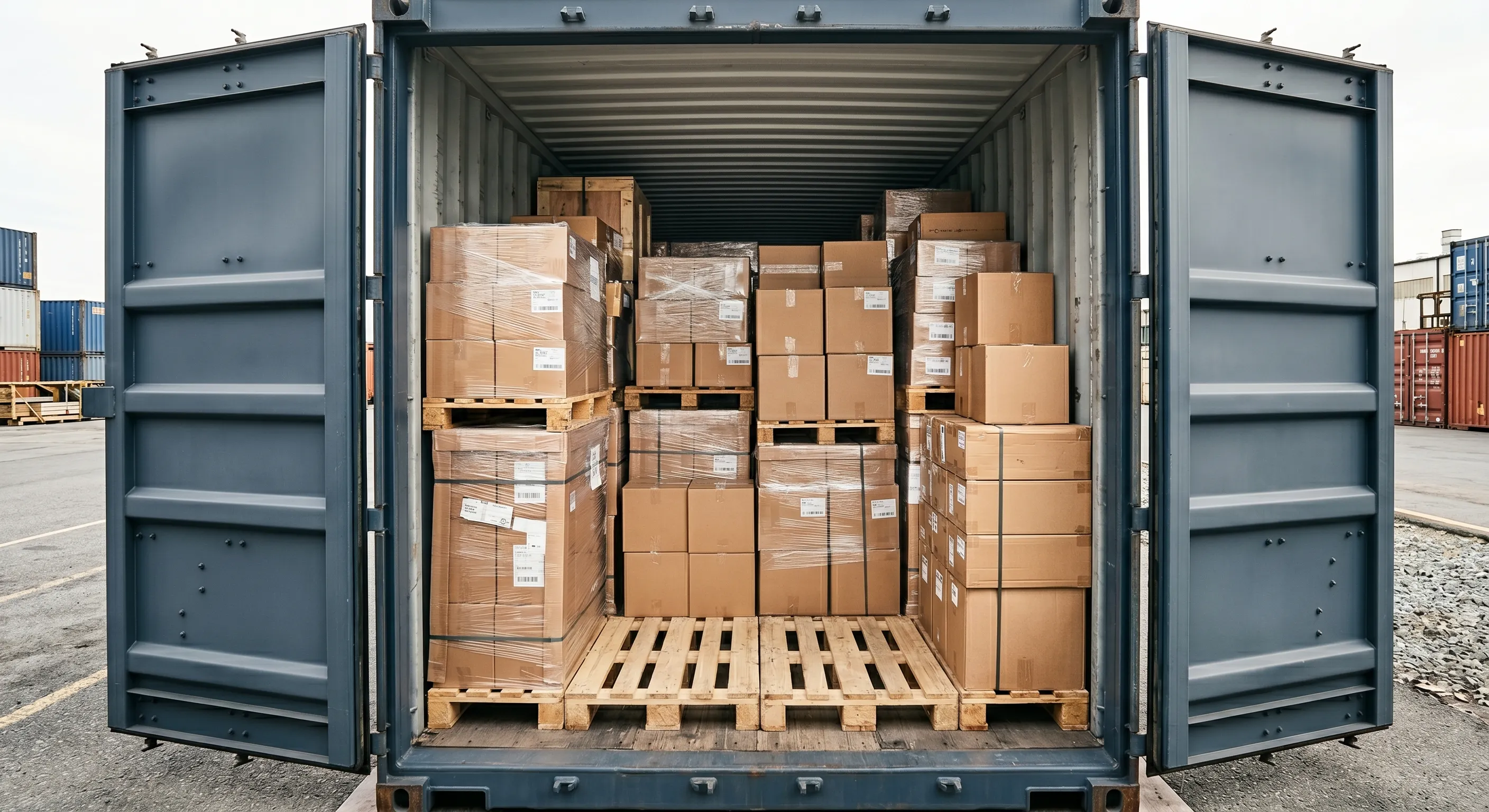 Interior of a used shipping container set up for pallet storage