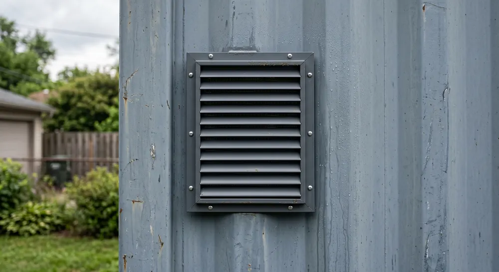 Passive louver vent on a steel storage container wall to reduce interior condensation
