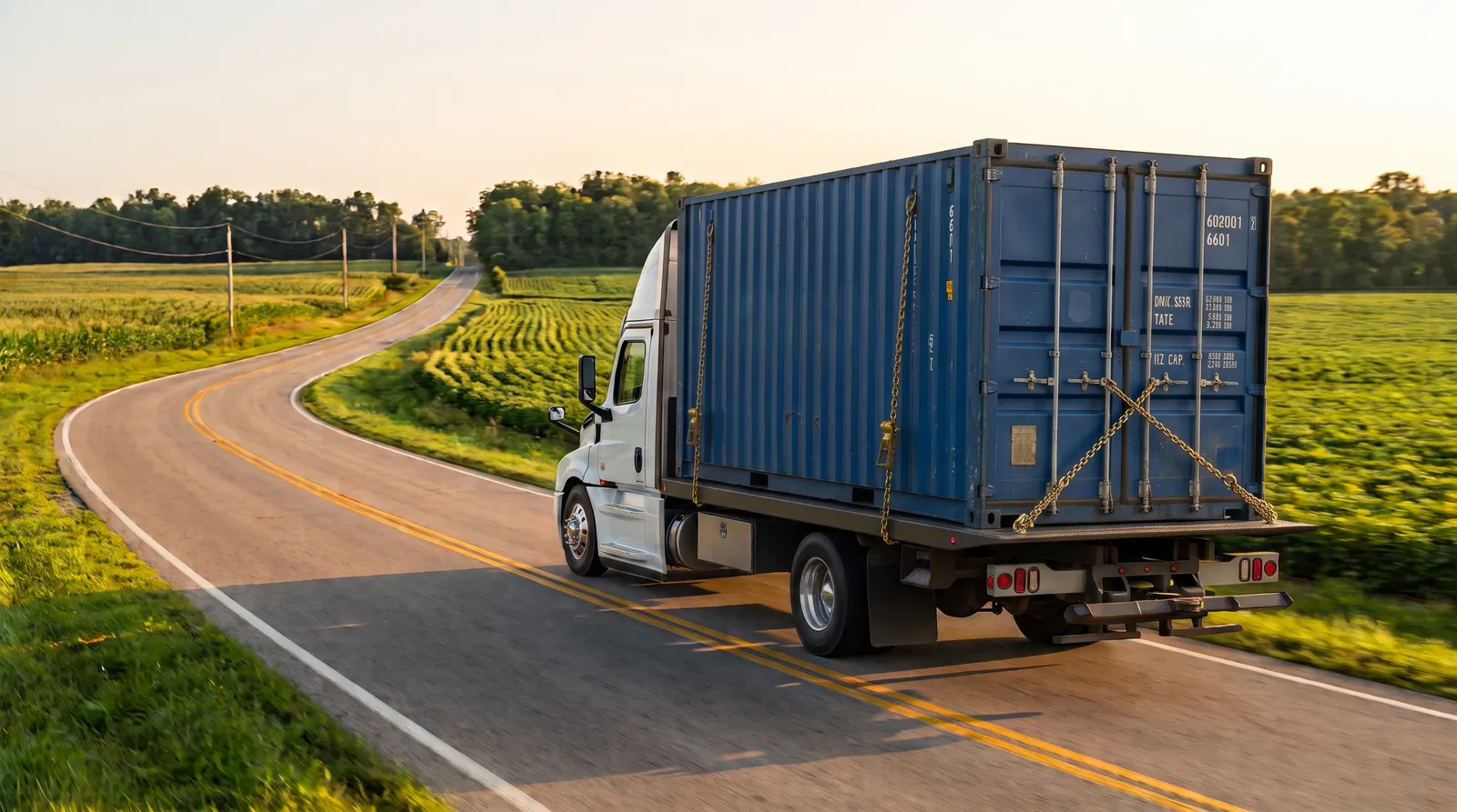 A used blue shipping container chained down on a delivery truck rolling along a two-lane highway between green fields, still miles from delivery