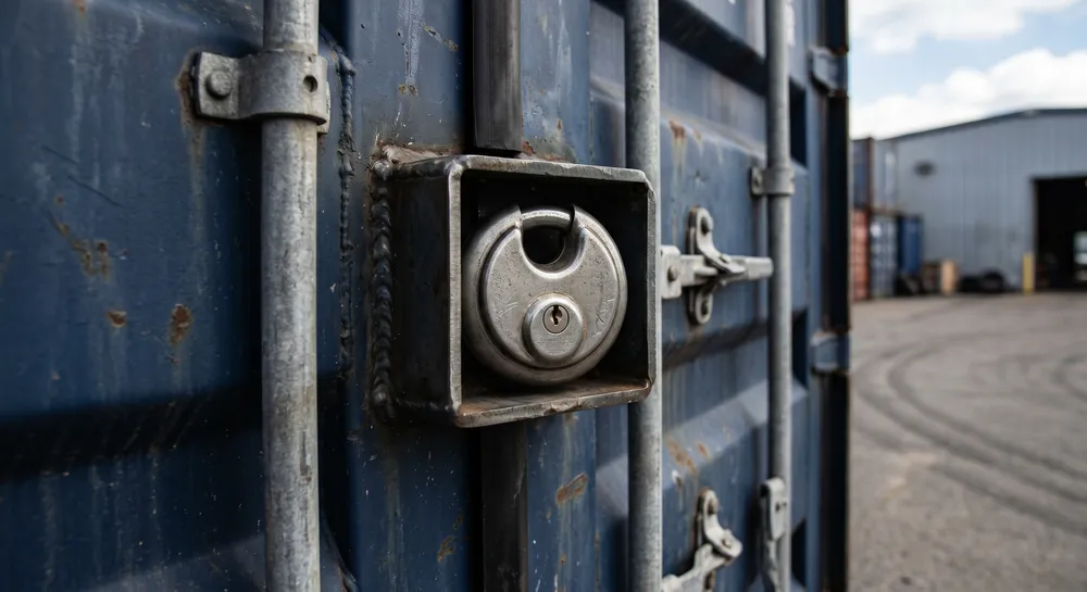 Puck lock in recessed lockbox hasp on a steel commercial storage container door