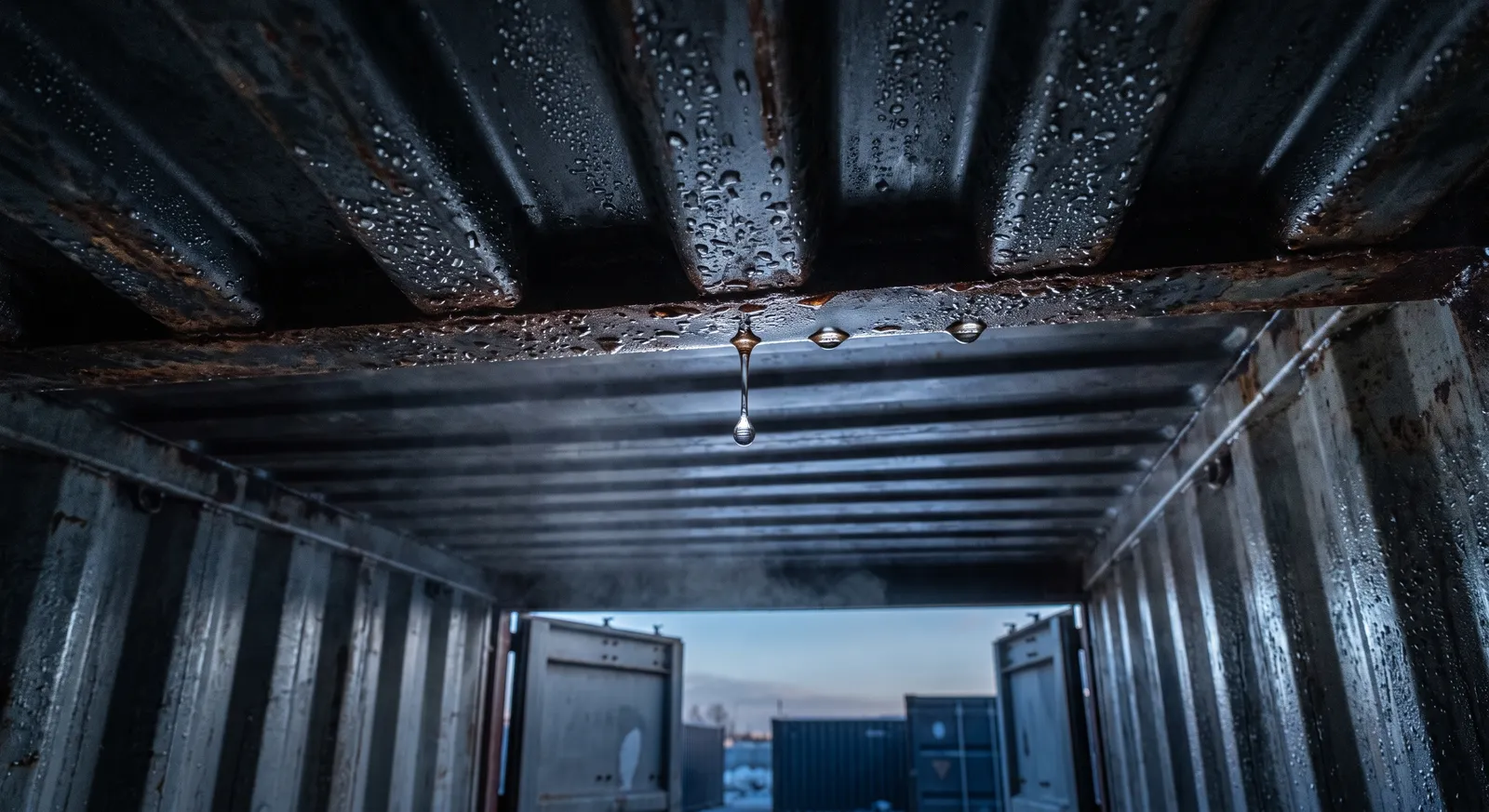 Condensation beads covering the corrugated steel ceiling inside a used shipping container on a cold morning, with a water drop hanging ready to fall