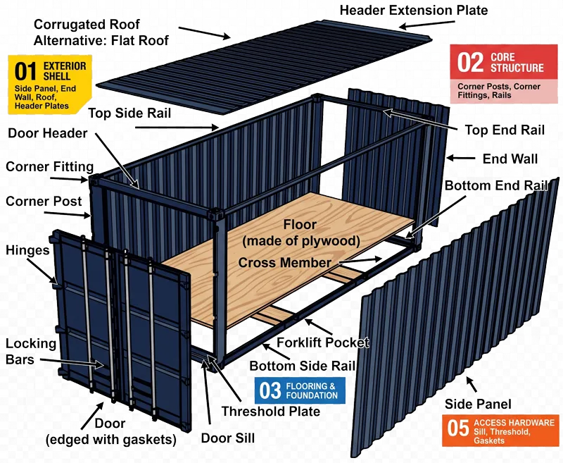 Labeled diagram of a shipping container showing structural components including corner posts, rails, corrugated roof, locking bars, door sill, and floor cross members