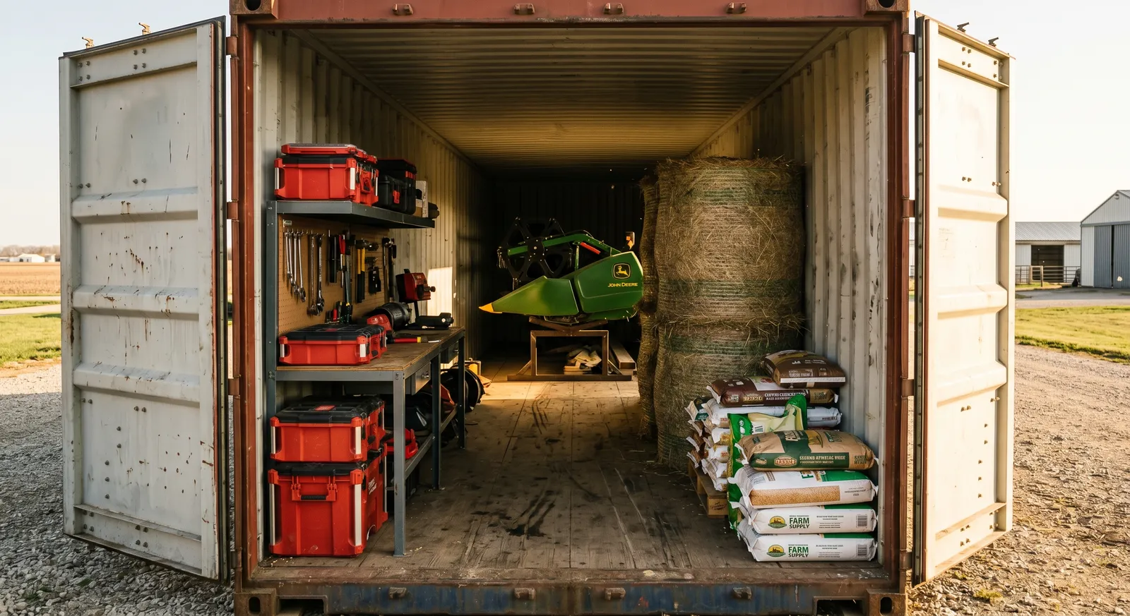 Inside a 40ft farm container storing a combine header, feed, and tools for winter