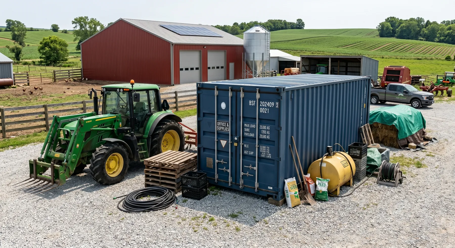 Shipping container used for farm storage in a working Ohio farm yard with tractor, barn, and grain silo