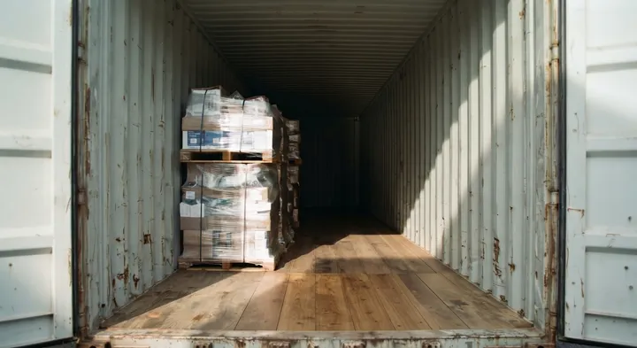 The view in through a container's open doors: pallets loaded two levels deep inside, with clear space above them, under a bare steel ceiling and along a timber floor.