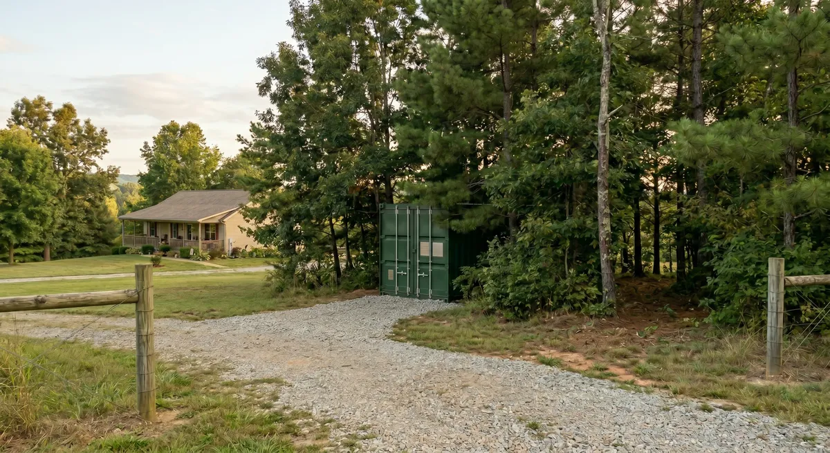 A dark green shipping container standing on a gravel pad at the edge of a pine woodline, with a single storey house and a fenced lawn behind it in the evening light.