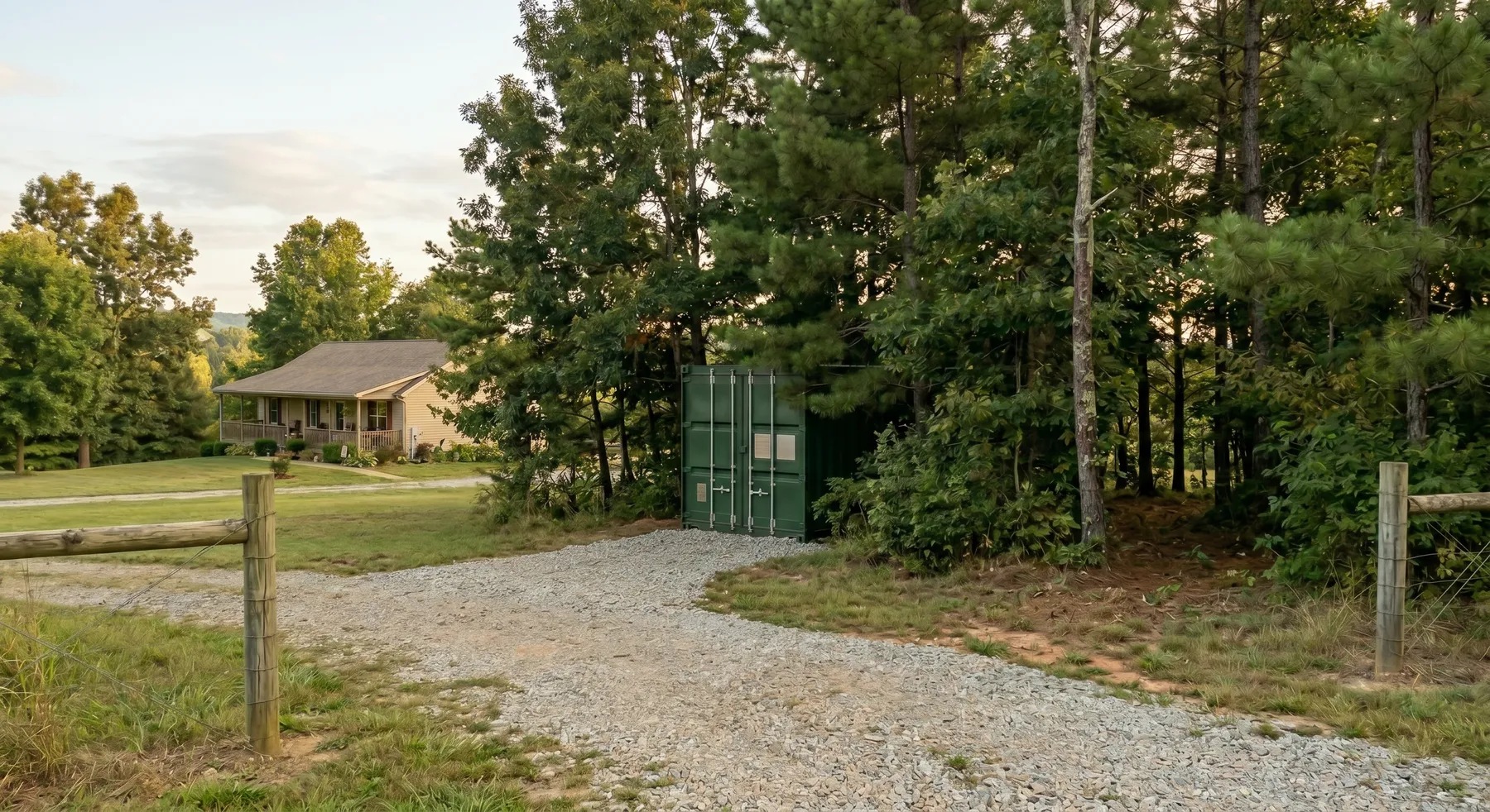 20ft shipping container placed near a woodline on a residential acreage property for overflow home storage