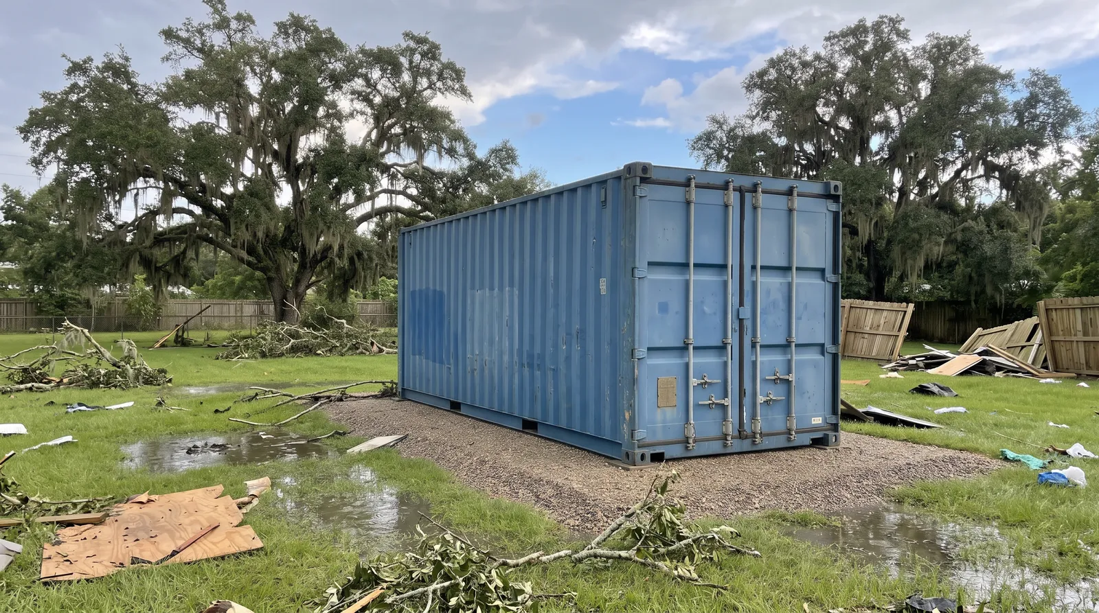 Illustration: a blue used shipping container on a gravel pad in a yard with live oaks, puddles and downed branches.