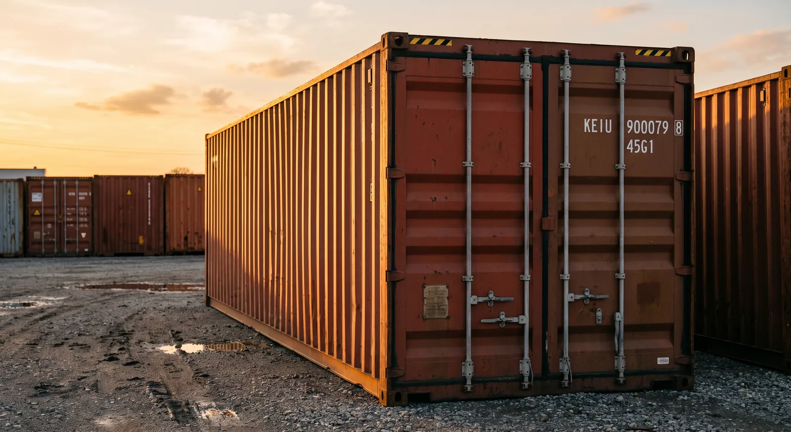 Rear cargo doors of a weathered rust-red used shipping container stenciled with the ISO 6346 ID KEIU 900079, boxed check digit 8, and size/type code 45G1
