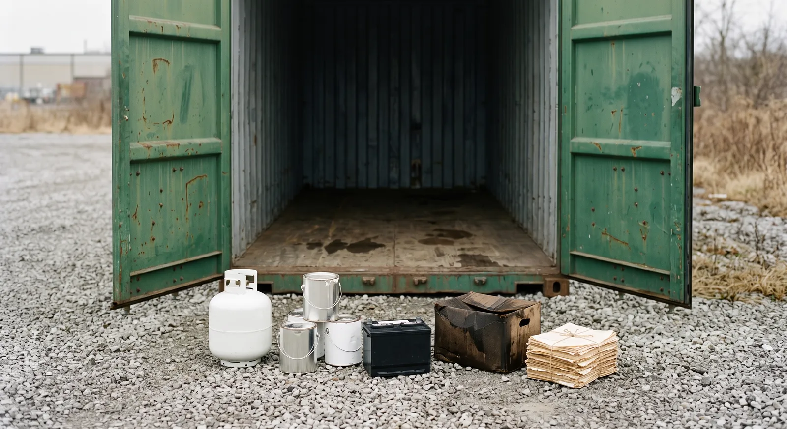Common storage mistakes staged on gravel outside the open doors of a used green shipping container: a propane tank, paint cans, a car battery, a damp cardboard box, and a bundle of yellowed papers
