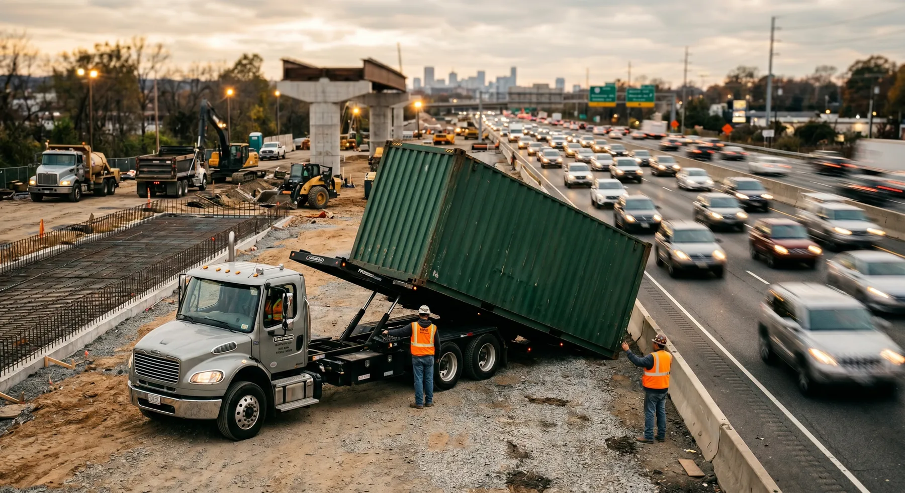 Tilt-bed truck placing a shipping container on an active construction job site beside highway traffic