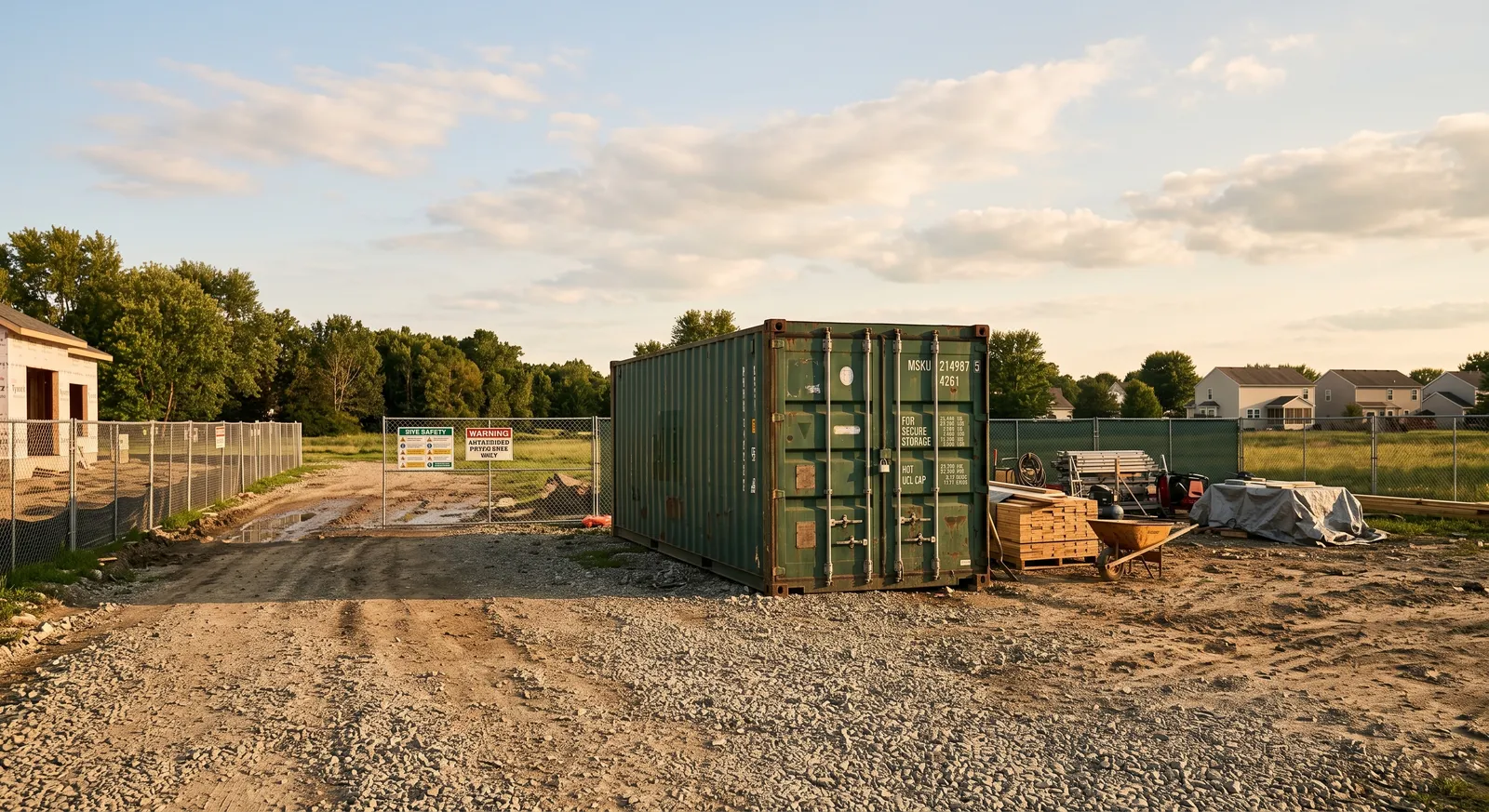 A used green shipping container standing closed and locked at the edge of a quiet construction site at day's end, with stacked lumber and a wheelbarrow nearby