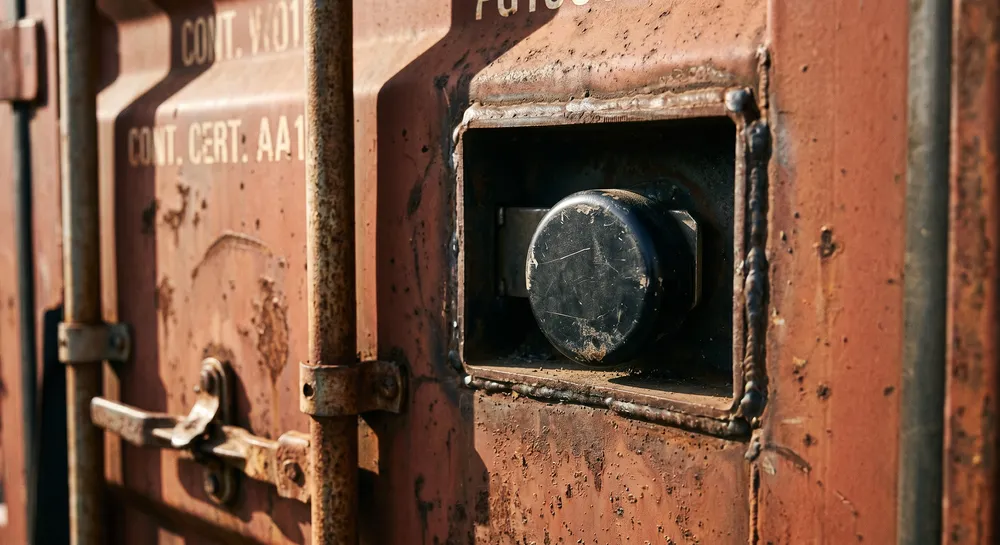 Puck lock seated inside a shipping container lockbox recess, protected against bolt cutters