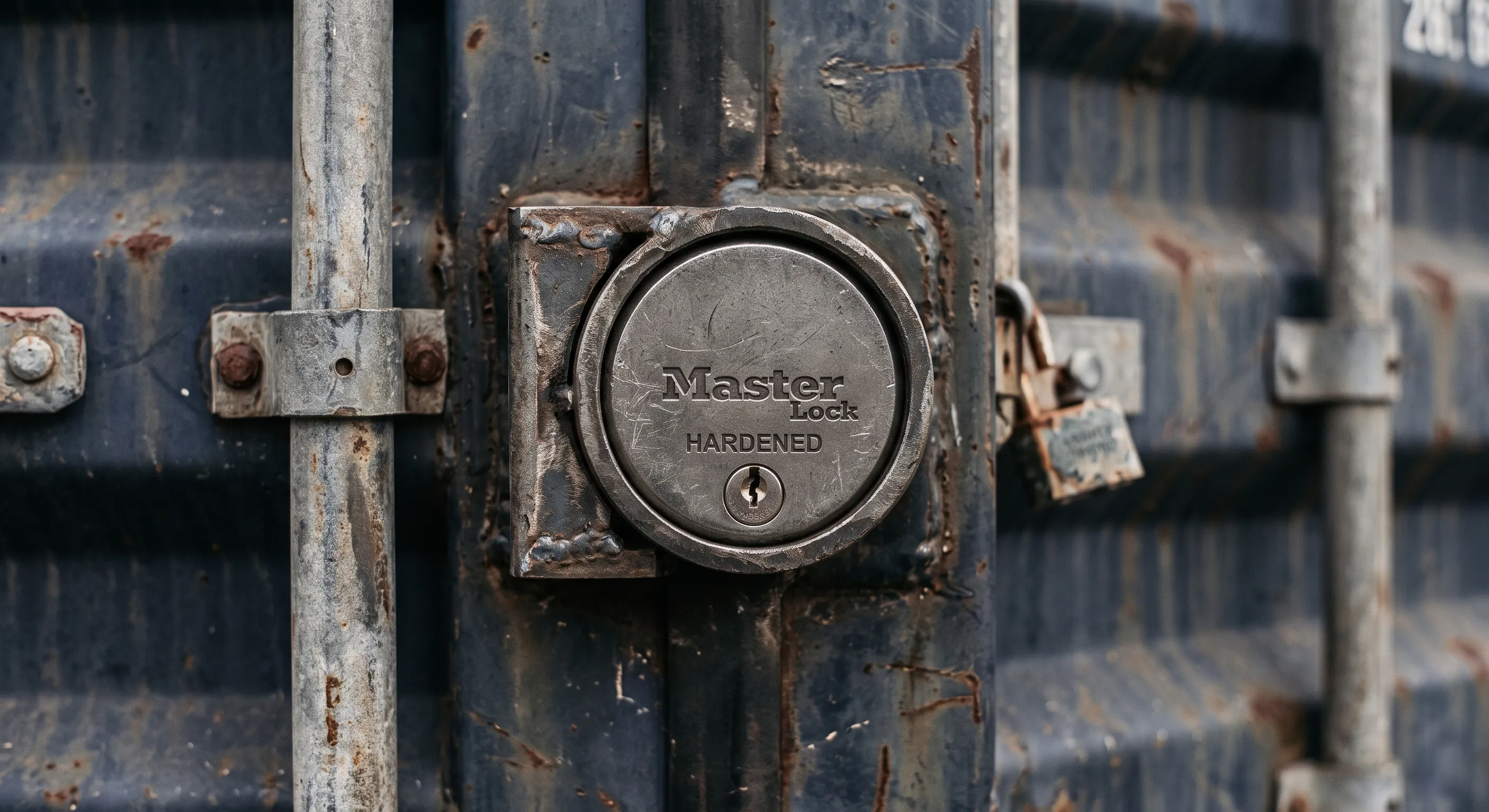Close-up of a hardened puck lock seated in a welded lockbox plate on the steel cargo doors of a weathered used shipping container