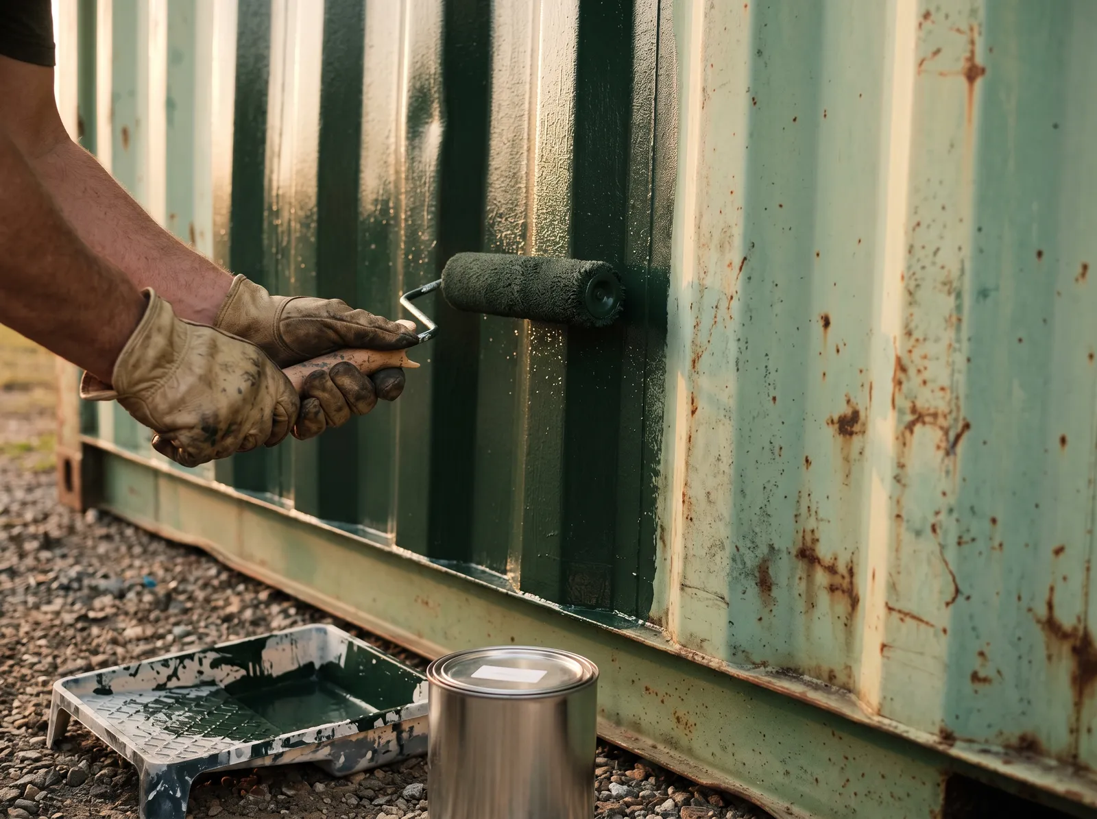 Hands repainting the corrugated side of a used shipping container on a rural property, the kind of change only an owner would make