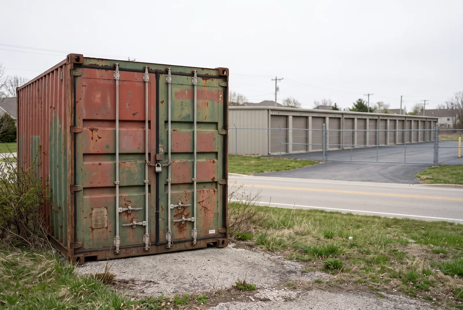 Used shipping container on a private gravel pad in the foreground with a row of self-storage unit doors visible in the distance