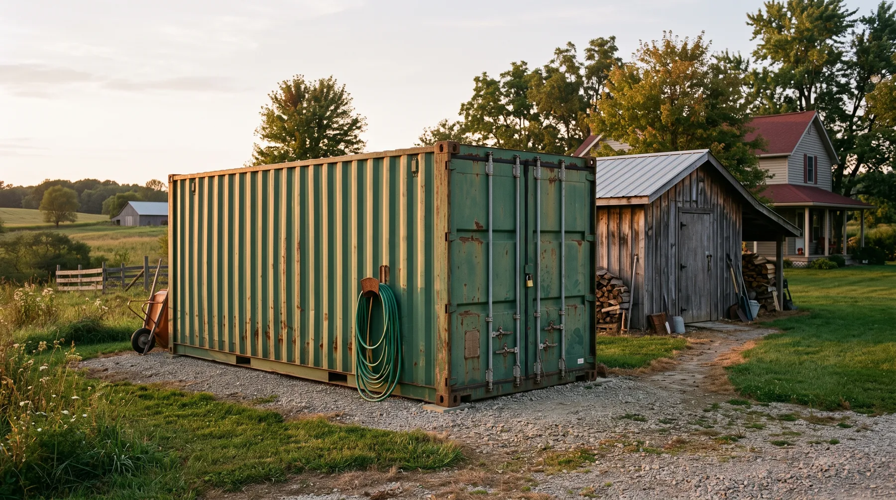 Used wind and water tight shipping container settled on a gravel pad beside a rural workshop at evening, kept as the owner's own storage