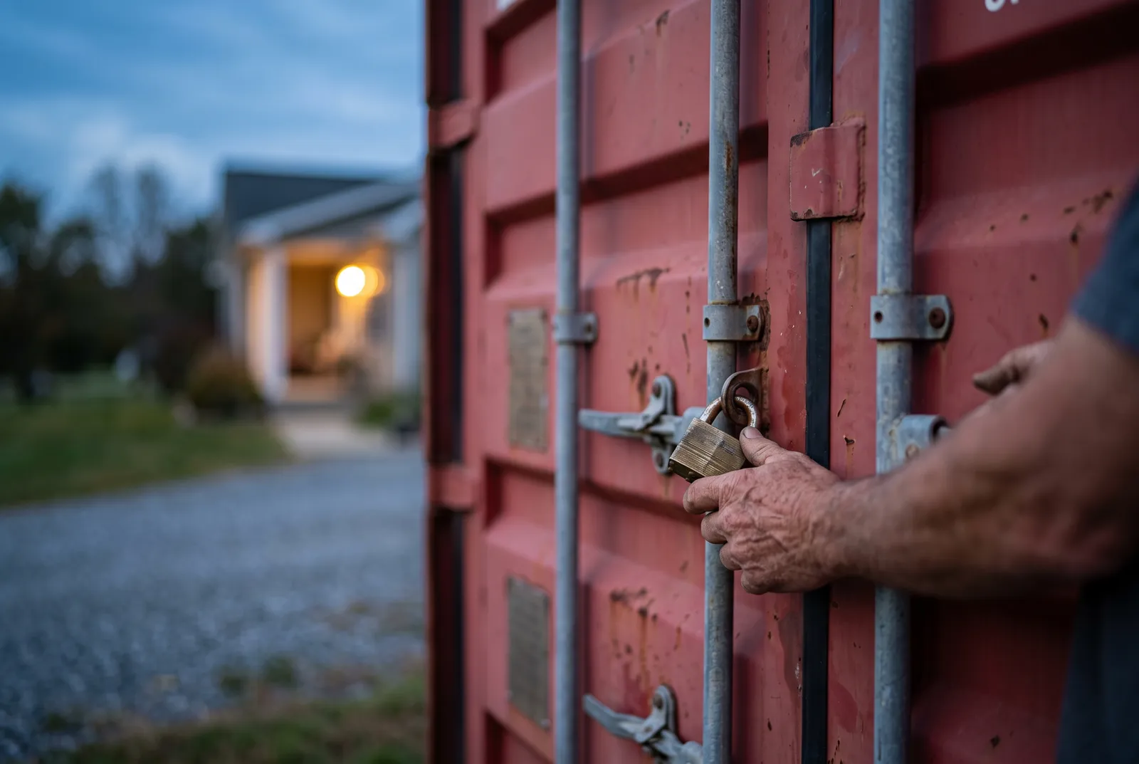 Hands closing the door handles and padlock on a used wind and water tight shipping container at dusk on a gravel drive