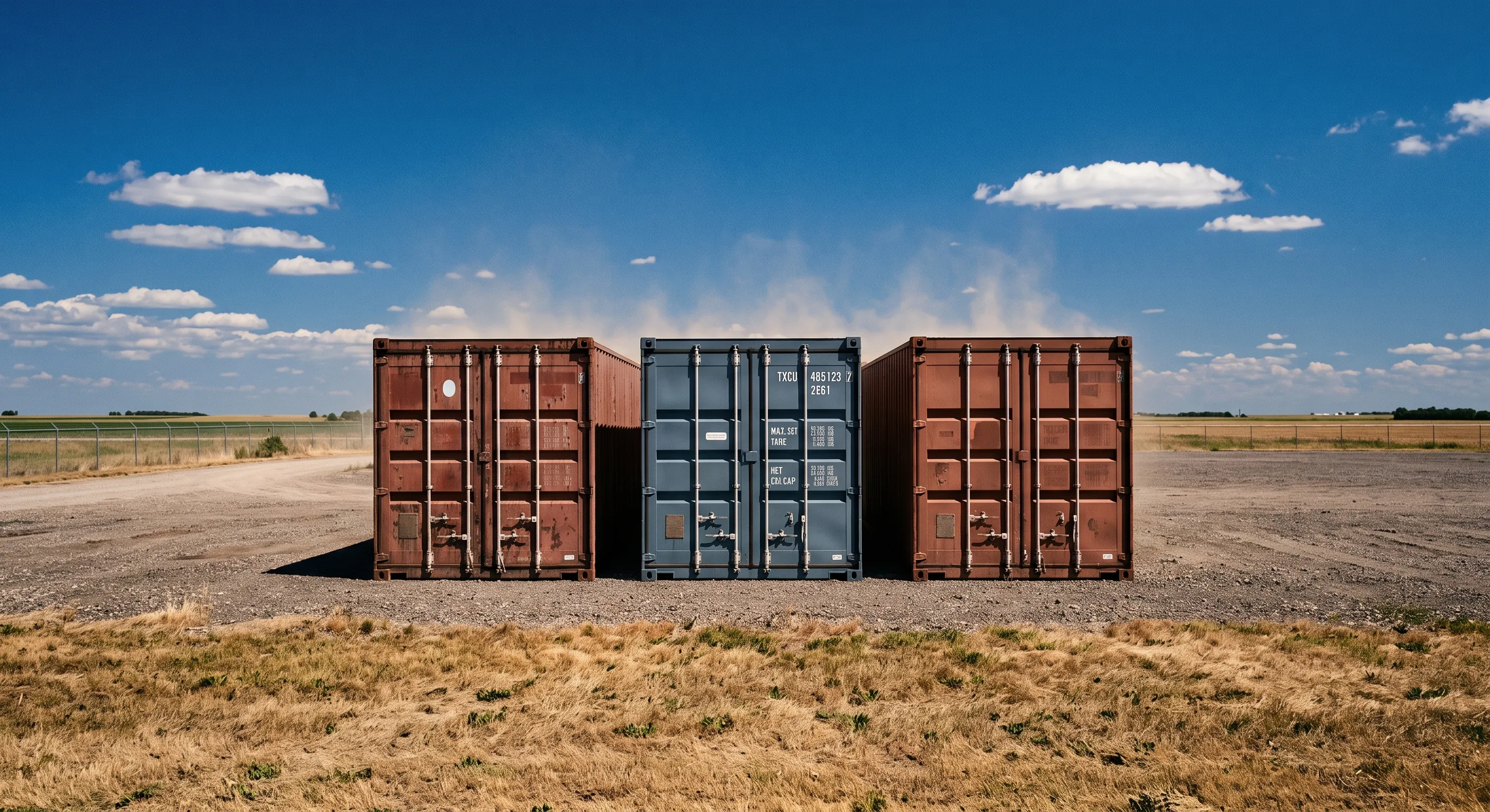 Three closed used shipping containers on a gravel lot under hard midday summer sun, heat shimmer rising off the steel roofs