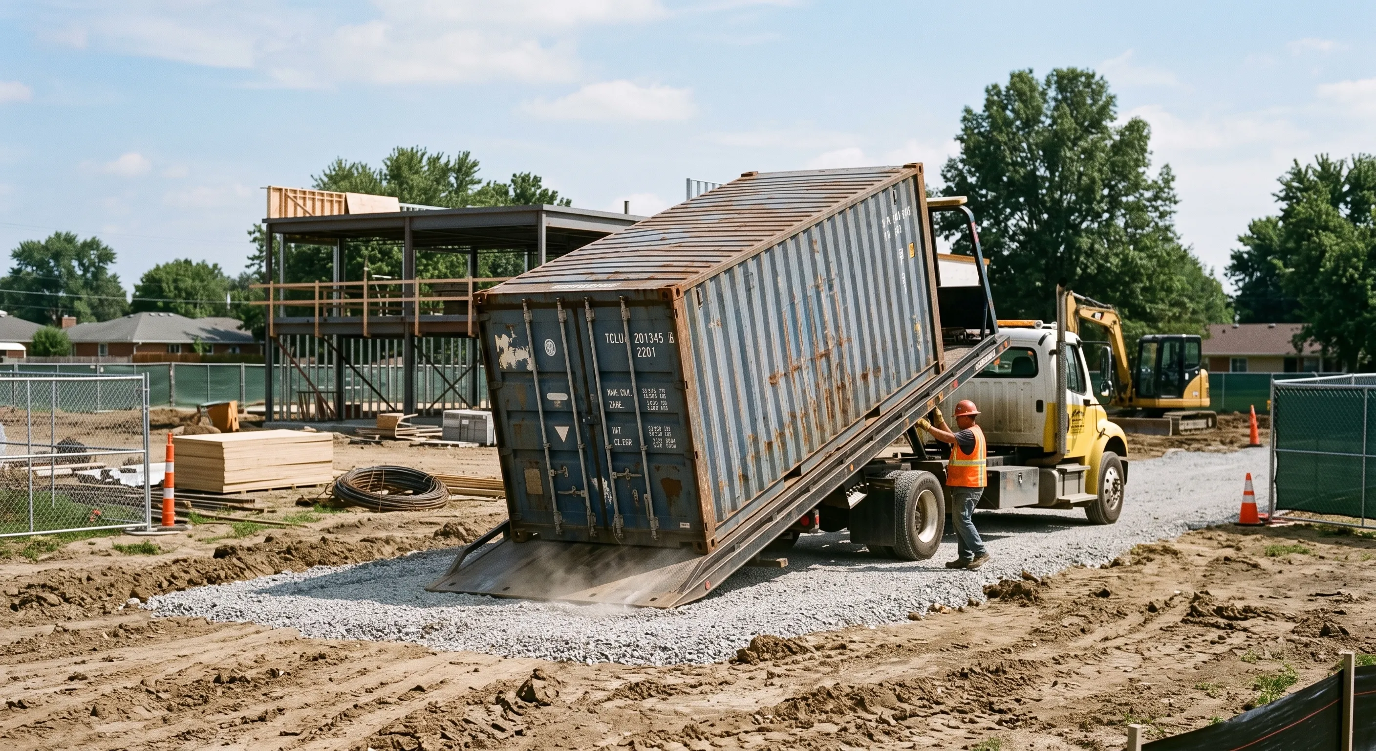 A tilt-bed delivery truck with its bed raised, lowering a weathered used shipping container onto packed gravel at a construction site