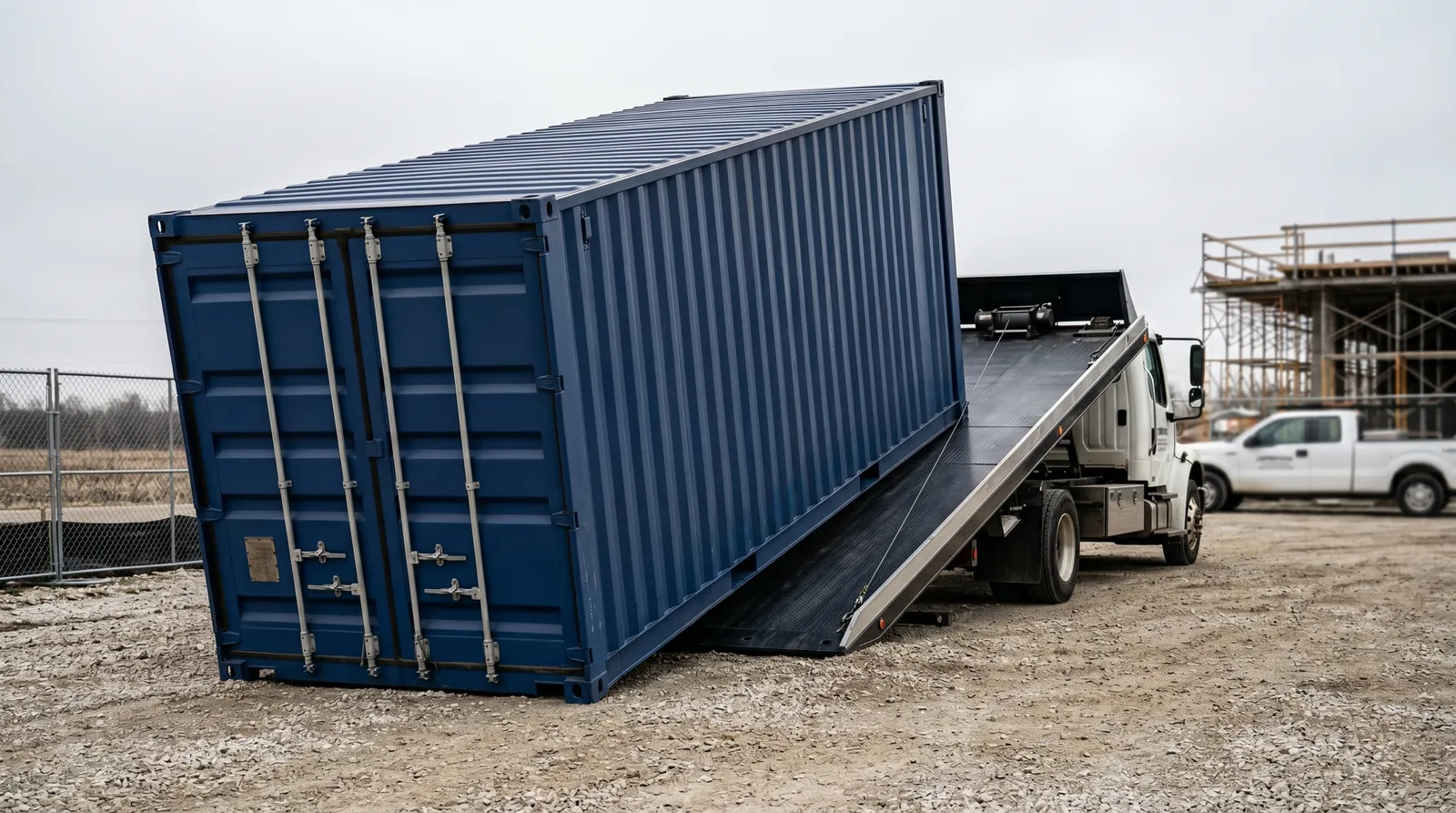 Tilt-bed truck delivering a 40ft shipping container onto a construction site with the bed raised