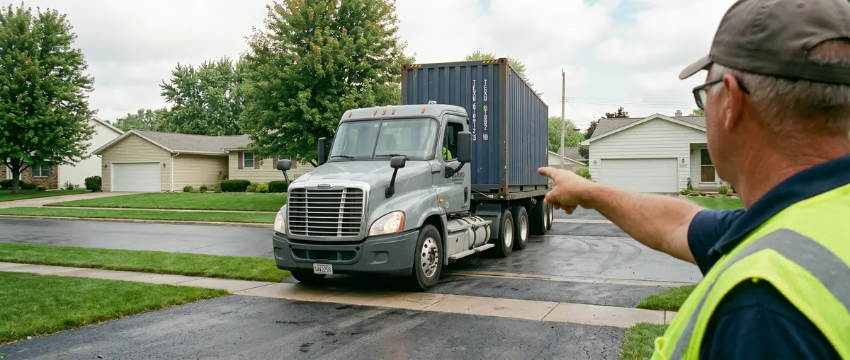 A driver in a high visibility vest points to direct a tilt bed truck carrying a blue twenty foot shipping container up a wet residential street lined with single storey houses and attached garages.