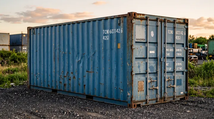A used blue shipping container standing on gravel, showing the wear a working life leaves: faded and patched paint, streaks of surface rust running down the corrugated sides, rusted corner castings and door hardware, dents in the panels, and stencilled ID markings above the closed cargo doors.