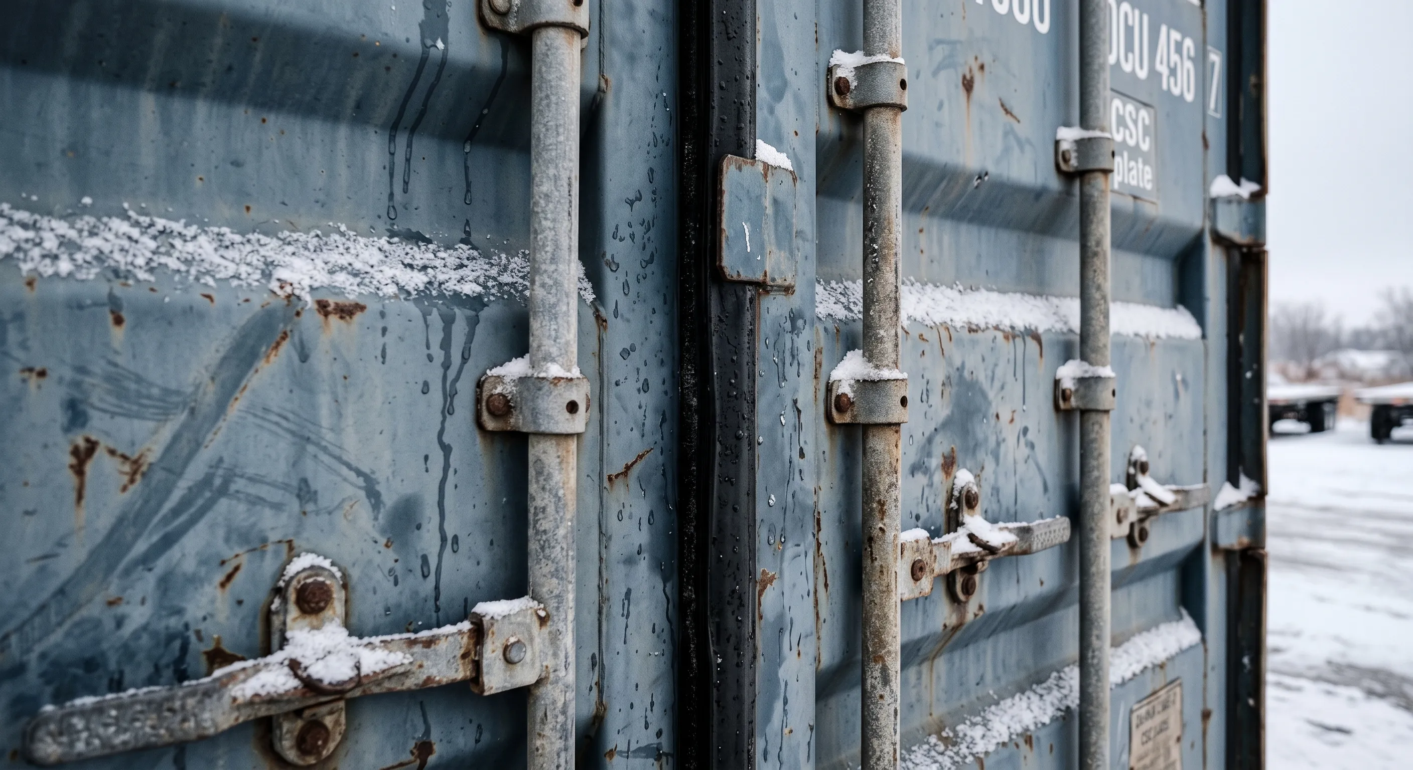 Close-up of a used container's closed cargo doors in winter, snow dusting the locking bars and the black rubber gasket seated tight in the door edge