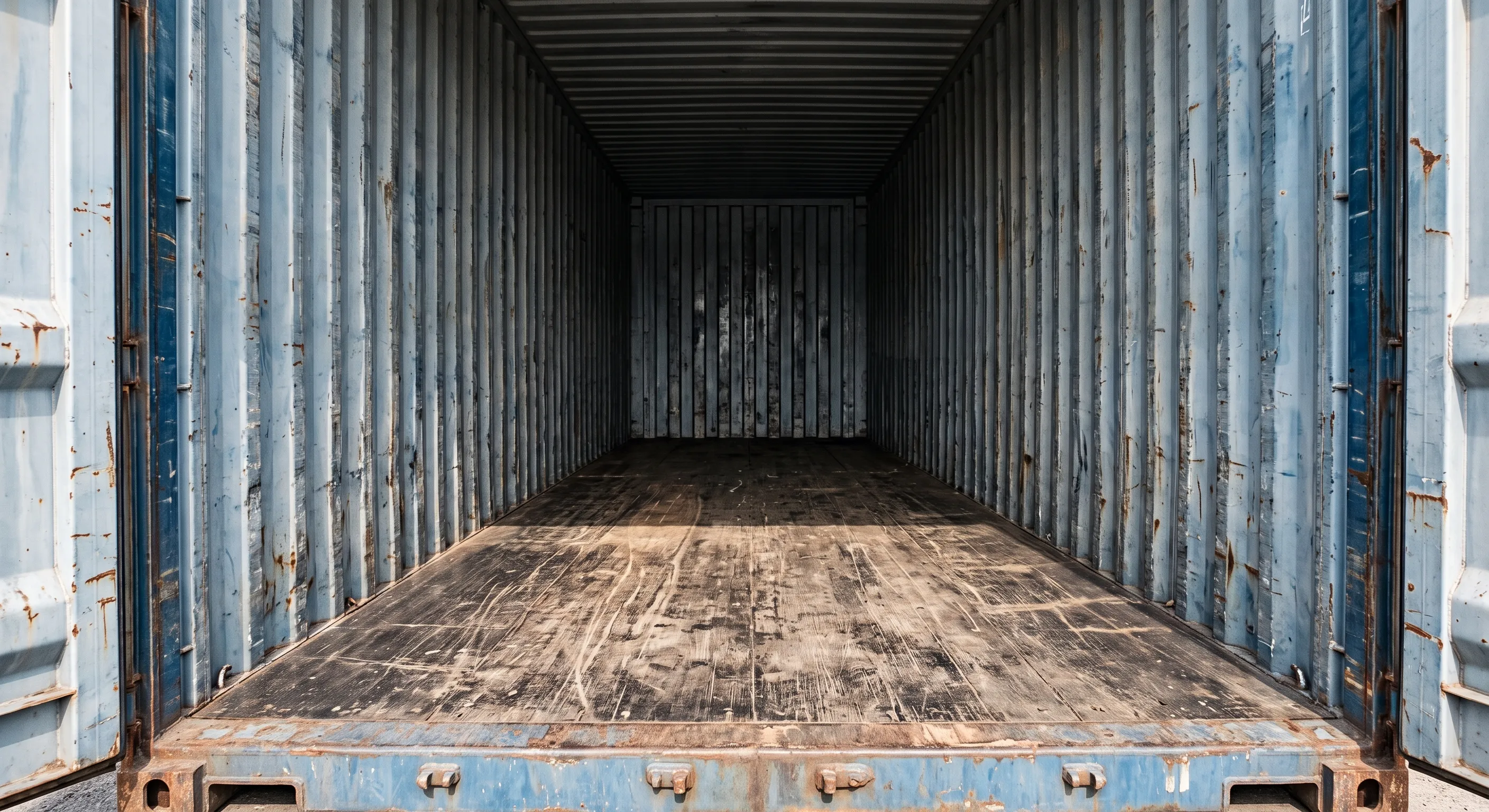 Interior of an empty used shipping container with scuffed steel walls, a cargo-stained but solid plywood floor, and no daylight showing through anywhere